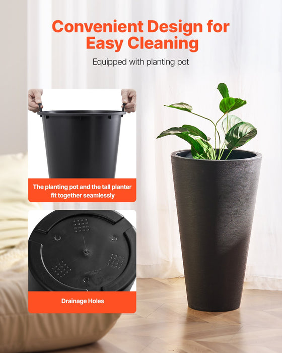 VEVOR Tall Planter, Set of 2 Tall Round Tapered Planters, 59 cm Large Modern Gardening and Flower Plastic Pots, Decorative Tall Black Planter with Drainage Hole, for Porch, Patio, Indoor & Outdoor