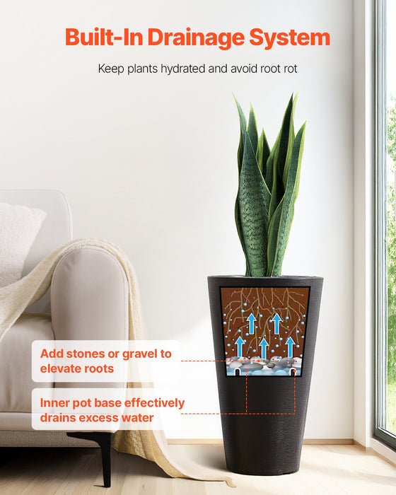 VEVOR Tall Planter, Set of 2 Tall Round Tapered Planters, 59 cm Large Modern Gardening and Flower Plastic Pots, Decorative Tall Black Planter with Drainage Hole, for Porch, Patio, Indoor & Outdoor