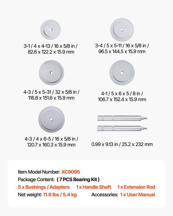 Bearing Press Kit, 7 Pcs, Bearing Race and Seal Driver Set with 5 Bushings, Handle Shaft and Extension Rod, Bushing Driver Tool Set, Heavy Duty Removal Installation Tool Kit with Storage Case