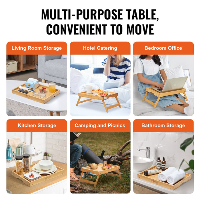 VEVOR Bed Tray Table with Foldable Legs, Bamboo Breakfast Tray for Sofa, Bed, Eating, Snacking, and Working, Folding Serving Laptop Desk Tray, Portable Food Snack Platter for Picnic, 40x28 cm