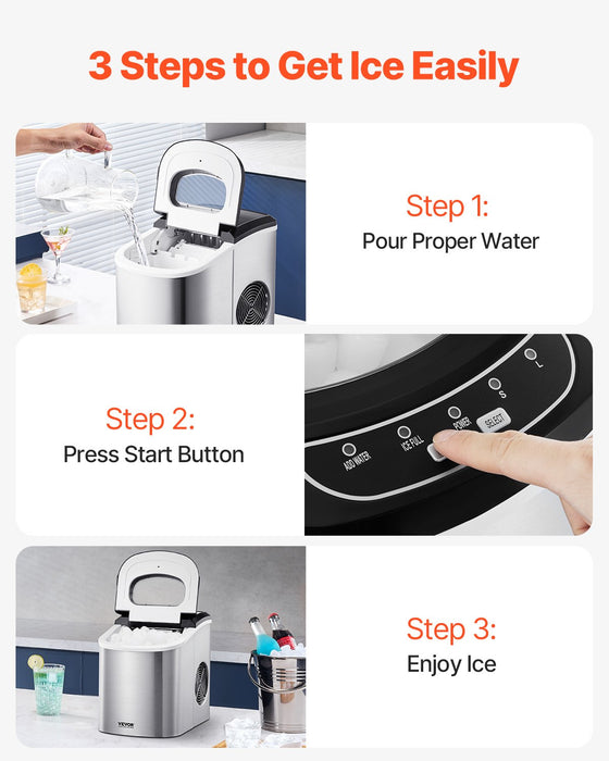 VEVOR Portable Countertop Ice Maker 33Lbs/24H Self-Cleaning with Scoop Basket