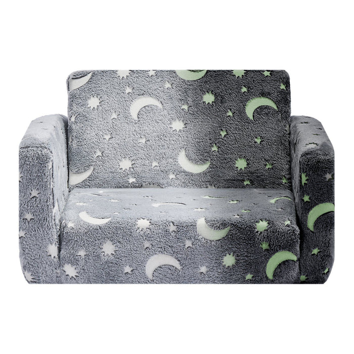 2-in-1 Kids Sofa, Foldable Toddler Soft Couch with Armrests, Glow in the Dark Kids Couch Fold Out with 28D Sponge & Flannel, Convertible Toddler Chair to Lounger for Reading and Gaming, M, Gray