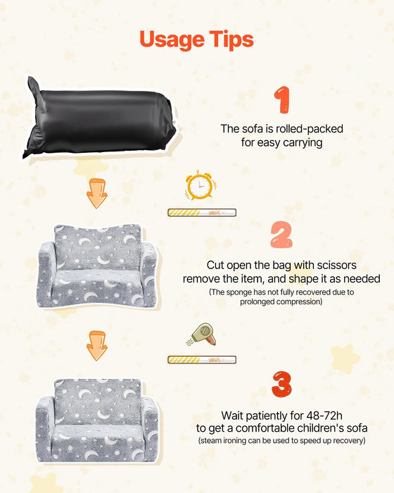 2-in-1 Kids Sofa, Foldable Toddler Soft Couch with Armrests, Glow in the Dark Kids Couch Fold Out with 28D Sponge & Flannel, Convertible Toddler Chair to Lounger for Reading and Gaming, M, Gray