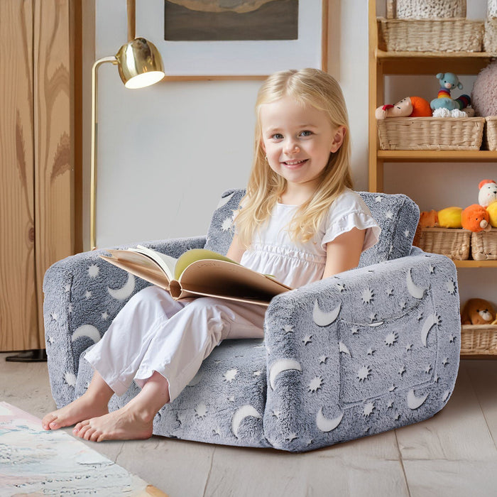 2-in-1 Kids Sofa, Foldable Toddler Soft Couch with Armrests, Glow in the Dark Kids Couch Fold Out with 28D Sponge & Flannel, Convertible Toddler Chair to Lounger for Reading and Gaming, M, Gray