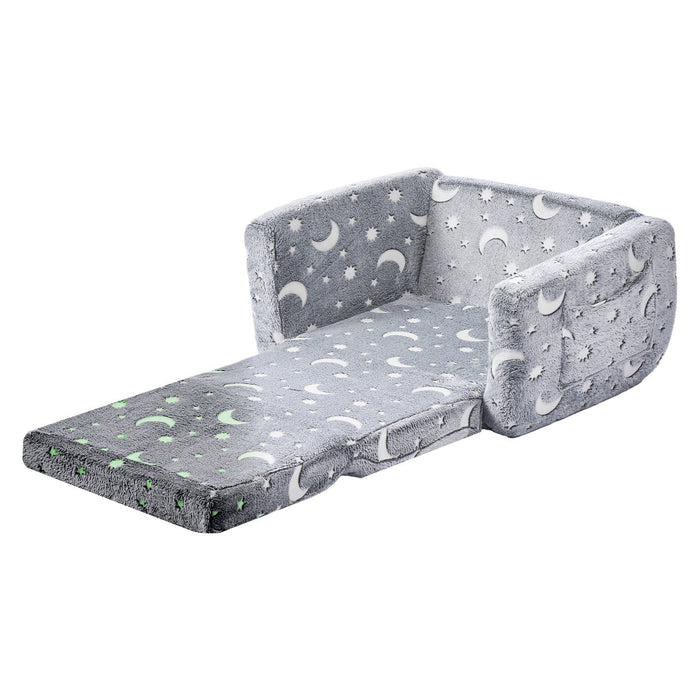 2-in-1 Kids Sofa, Foldable Toddler Soft Couch with Armrests, Glow in the Dark Kids Couch Fold Out with 28D Sponge & Flannel, Convertible Toddler Chair to Lounger for Reading and Gaming, M, Gray