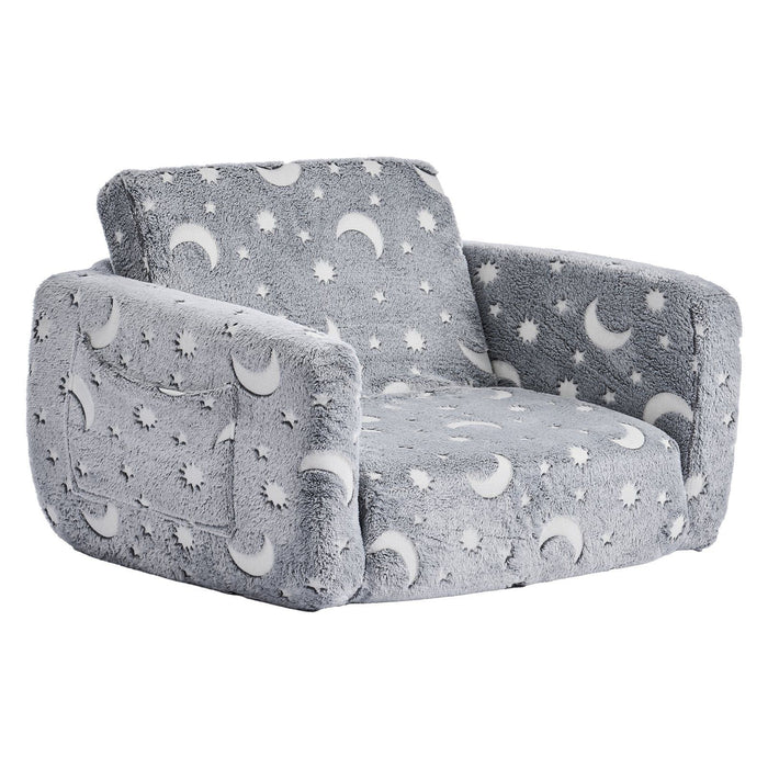 2-in-1 Kids Sofa, Foldable Toddler Soft Couch with Armrests, Glow in the Dark Kids Couch Fold Out with 28D Sponge & Flannel, Convertible Toddler Chair to Lounger for Reading and Gaming, M, Gray