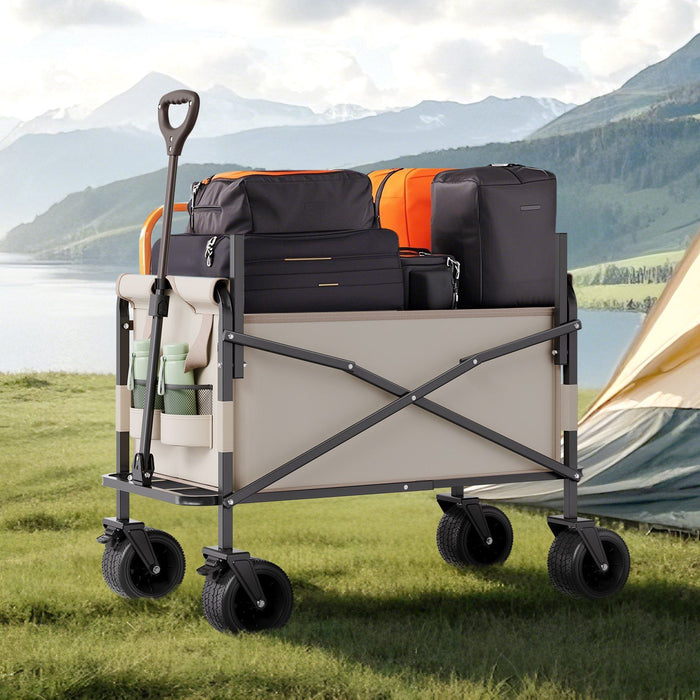 Collapsible Folding Wagon, 550lb Load & 220L, 2 in 1 Foldable Wagon Cart Converts to Bench, Utility Wagon with Adjustable Handle, Outdoor Cart for Groceries Shopping, Camping, Gardening