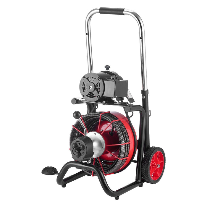 Drain Cleaner Machine 30m x 10.5mm, Auto Feed Sewer Snake Auger on Wheels - with 8 Cutters & Air-Activated Foot Switch for 50mm to 100mm Pipes