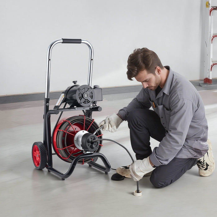 Drain Cleaner Machine 30m x 10.5mm, Auto Feed Sewer Snake Auger on Wheels - with 8 Cutters & Air-Activated Foot Switch for 50mm to 100mm Pipes