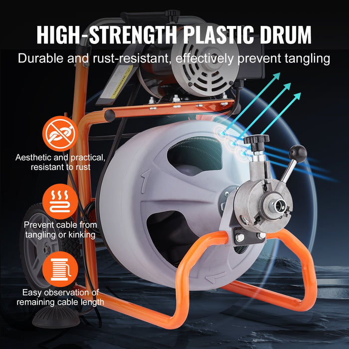 VEVOR Drain Cleaner Machine 100FT x 3/8 Inch, Auto Feed Sewer Snake Drain Auger on Wheels, Portable Drain Cleaning Machine with 8 Cutters & Air-activated Foot Switch for 2" to 4" Pipes