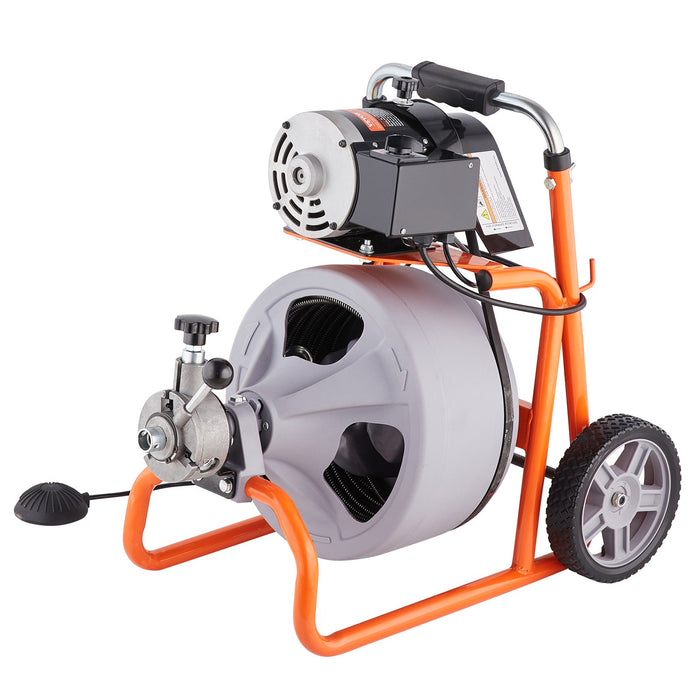 VEVOR Drain Cleaner Machine 100FT x 3/8 Inch, Auto Feed Sewer Snake Drain Auger on Wheels, Portable Drain Cleaning Machine with 8 Cutters & Air-activated Foot Switch for 2" to 4" Pipes