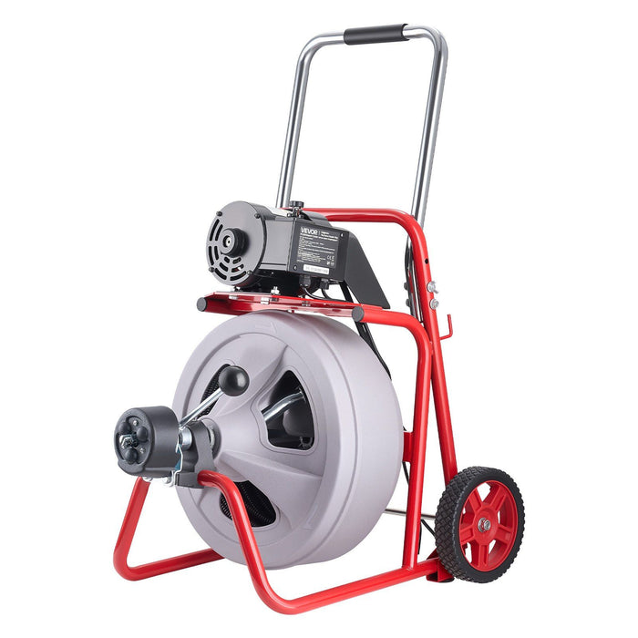 Drain Cleaner Machine 30m x 13mm, Auto Feed Sewer Snake Drain Auger on Wheels, Portable Drain Cleaning Machine with 8 Cutters & Air-Activated Foot Switch for 50mm to 150mm Pipes
