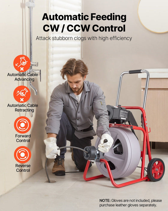 Drain Cleaner Machine 30m x 13mm, Auto Feed Sewer Snake Drain Auger on Wheels, Portable Drain Cleaning Machine with 8 Cutters & Air-Activated Foot Switch for 50mm to 150mm Pipes