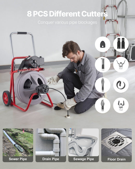 Drain Cleaner Machine 30m x 13mm, Auto Feed Sewer Snake Drain Auger on Wheels, Portable Drain Cleaning Machine with 8 Cutters & Air-Activated Foot Switch for 50mm to 150mm Pipes