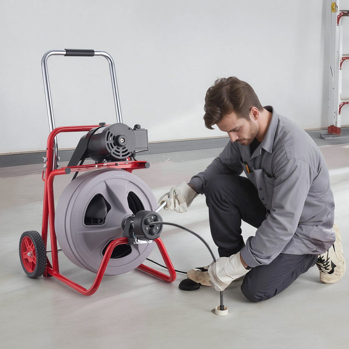 Drain Cleaner Machine 30m x 13mm, Auto Feed Sewer Snake Drain Auger on Wheels, Portable Drain Cleaning Machine with 8 Cutters & Air-Activated Foot Switch for 50mm to 150mm Pipes