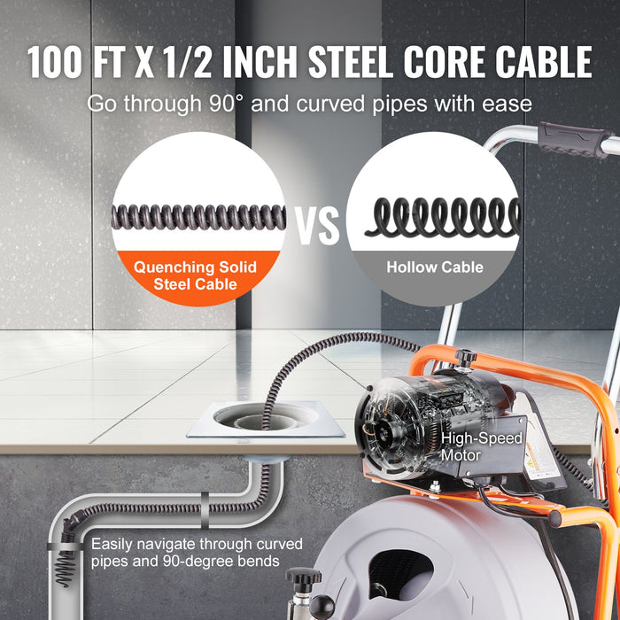 VEVOR Drain Cleaner Machine 100FT x 1/2 Inch, Auto Feed Sewer Snake Drain Auger on Wheels, Portable Drain Cleaning Machine with 8 Cutters & Air-activated Foot Switch for 2" to 4" Pipes