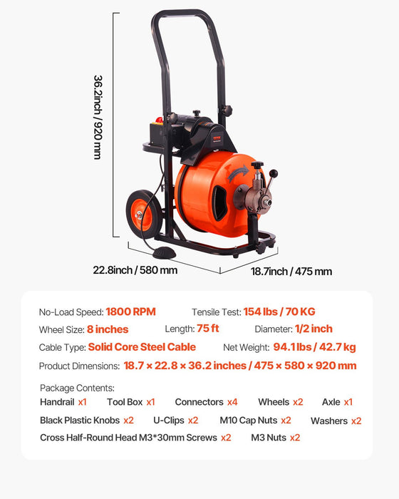 VEVOR Drain Cleaner Machine 75FT x 1/2Inch, Auto Feed Sewer Snake Auger with 4 Cutter & Air-activated Foot Switch for 2" to 4" Pipes, Orange, Black