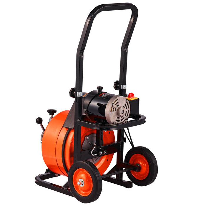 VEVOR Drain Cleaner Machine 75FT x 1/2Inch, Auto Feed Sewer Snake Auger with 4 Cutter & Air-activated Foot Switch for 2" to 4" Pipes, Orange, Black