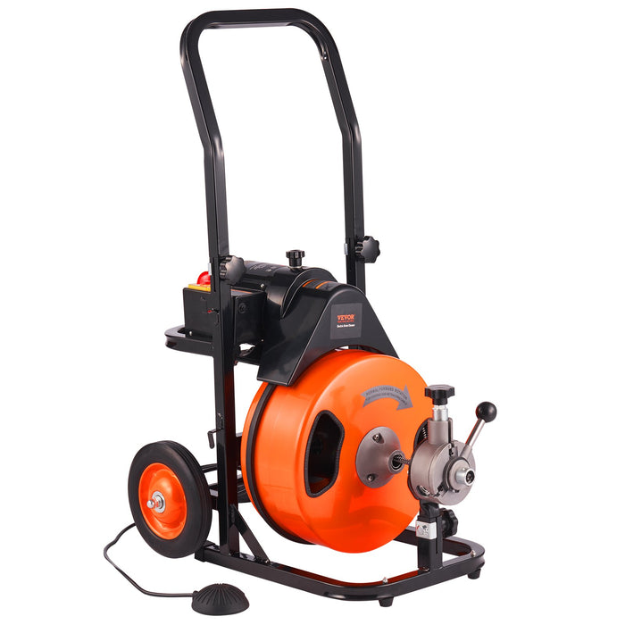 VEVOR 50FT x 3/8 Inch Drain Cleaner Machine Sewer Auger Auto Feed with 4 Cutter & Air-Activated Foot Switch for 2" to 4" Pipes