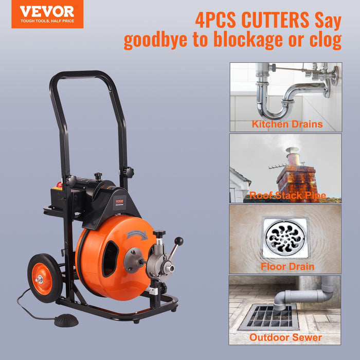 VEVOR 50FT x 3/8 Inch Drain Cleaner Machine Sewer Auger Auto Feed with 4 Cutter & Air-Activated Foot Switch for 2" to 4" Pipes