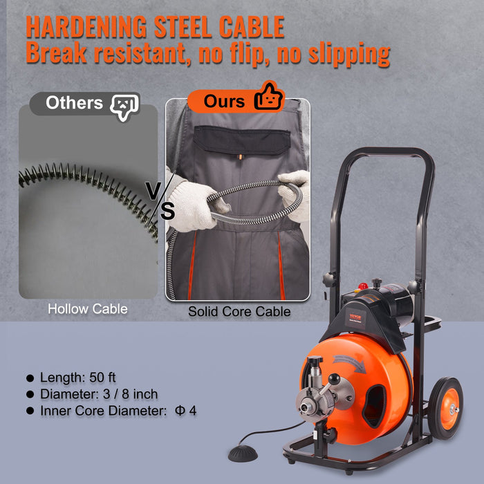 VEVOR 50FT x 3/8 Inch Drain Cleaner Machine Sewer Auger Auto Feed with 4 Cutter & Air-Activated Foot Switch for 2" to 4" Pipes