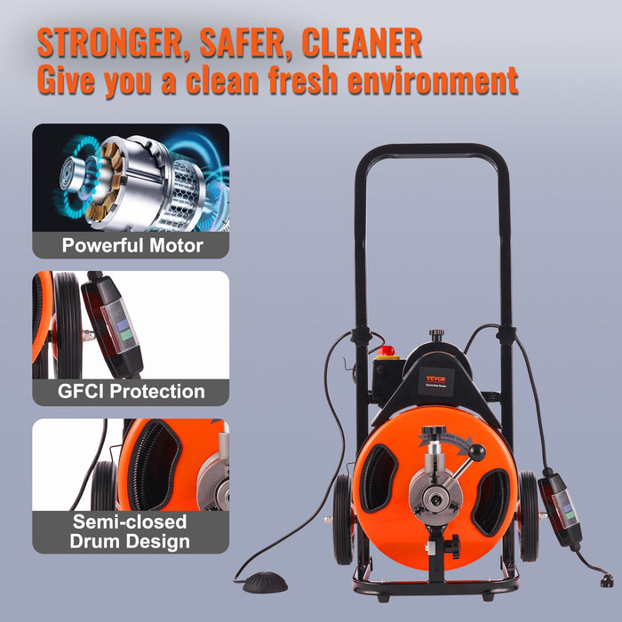 VEVOR 50FT x 3/8 Inch Drain Cleaner Machine Sewer Auger Auto Feed with 4 Cutter & Air-Activated Foot Switch for 2" to 4" Pipes