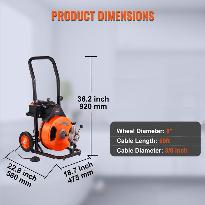 VEVOR 50FT x 3/8 Inch Drain Cleaner Machine Sewer Auger Auto Feed with 4 Cutter & Air-Activated Foot Switch for 2" to 4" Pipes