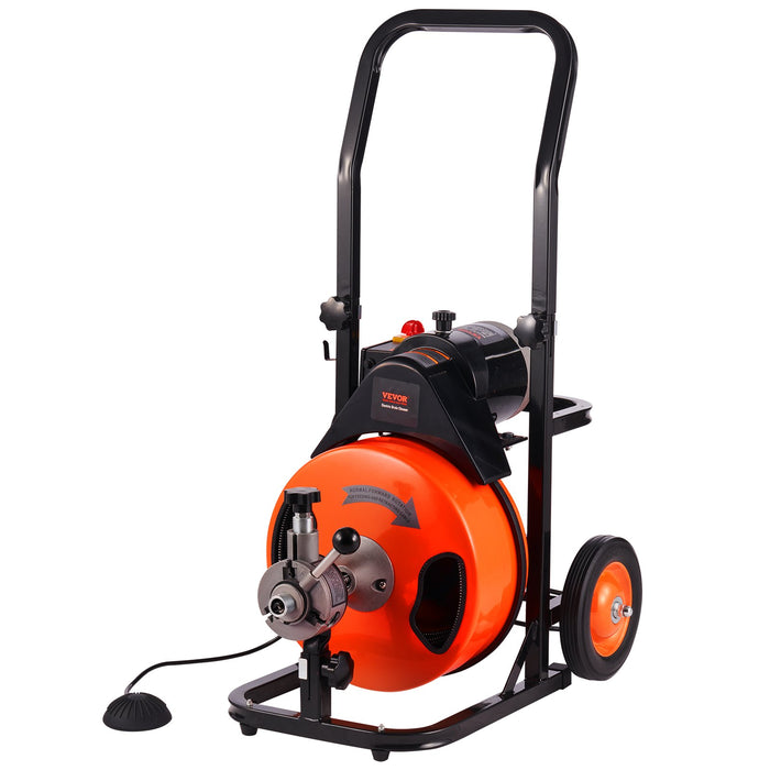 VEVOR 50FT x 3/8 Inch Drain Cleaner Machine Sewer Auger Auto Feed with 4 Cutter & Air-Activated Foot Switch for 2" to 4" Pipes
