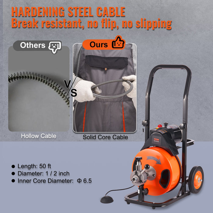 VEVOR Drain Cleaning Machine 50 FT x 1/2 Inch, Sewer Snake Machine Auto Feed, Drain Auger Cleaner with 4 Cutter & Air-Activated Foot Switch for 1" to 4" Pipes