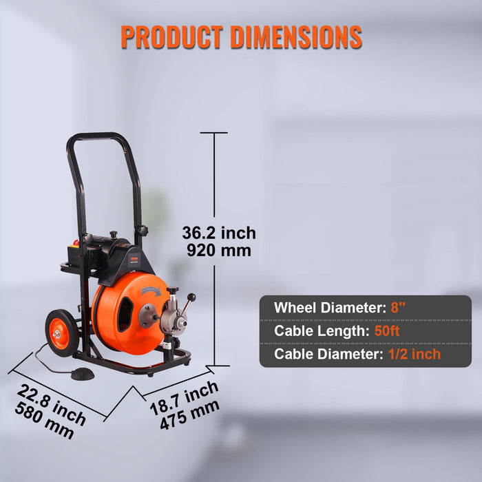 VEVOR Drain Cleaning Machine 50 FT x 1/2 Inch, Sewer Snake Machine Auto Feed, Drain Auger Cleaner with 4 Cutter & Air-Activated Foot Switch for 1" to 4" Pipes