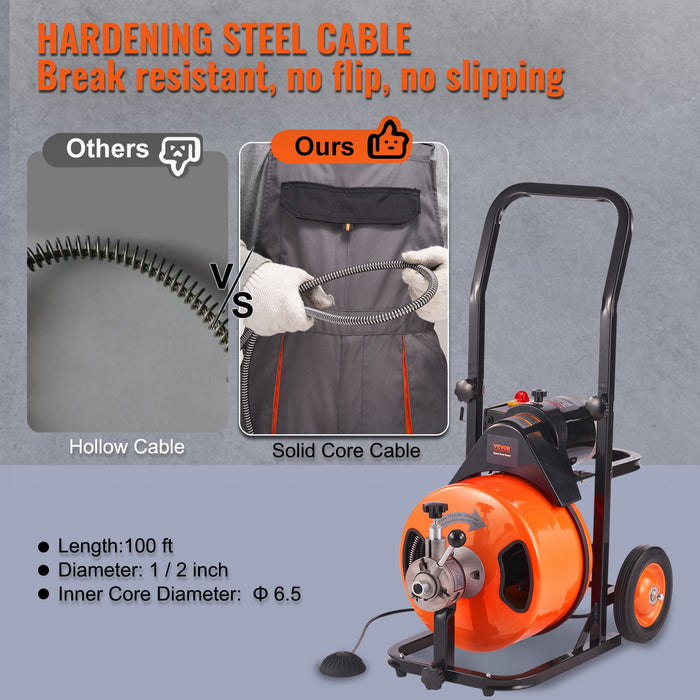 VEVOR 100FT x 1/2Inch Drain Cleaner Machine Sewer Auger Auto Feed with 4 Cutter & Air-Activated Foot Switch for 2" to 4" Pipes