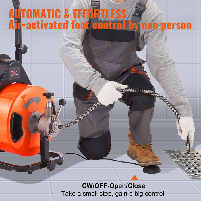 VEVOR 100FT x 1/2Inch Drain Cleaner Machine Sewer Auger Auto Feed with 4 Cutter & Air-Activated Foot Switch for 2" to 4" Pipes