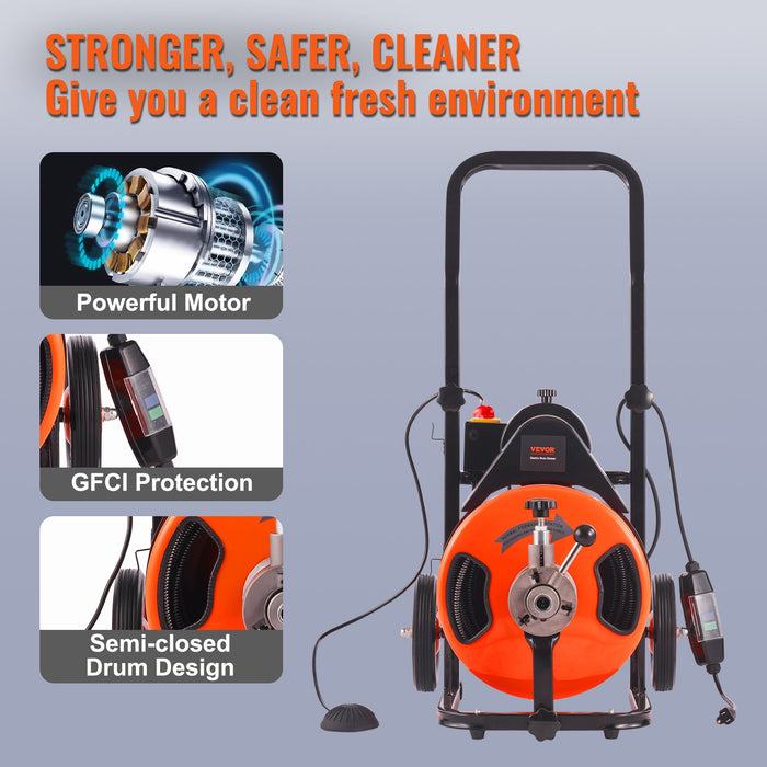 VEVOR 100FT x 1/2Inch Drain Cleaner Machine Sewer Auger Auto Feed with 4 Cutter & Air-Activated Foot Switch for 2" to 4" Pipes