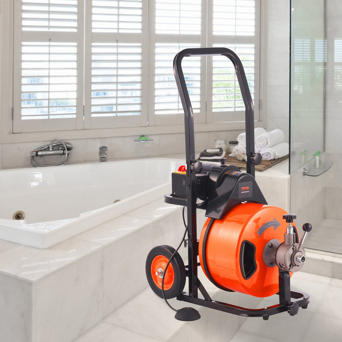 VEVOR 100FT x 1/2Inch Drain Cleaner Machine Sewer Auger Auto Feed with 4 Cutter & Air-Activated Foot Switch for 2" to 4" Pipes