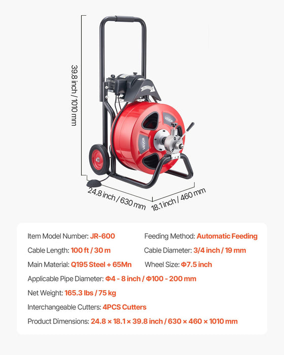 Drain Cleaner Machine 30m x 19mm, Auto Feed Sewer Snake Auger on Wheels, Portable Drain Cleaning Machine with 4 Cutters & Air-activated Foot Switch for 100mm to 200mm Pipes