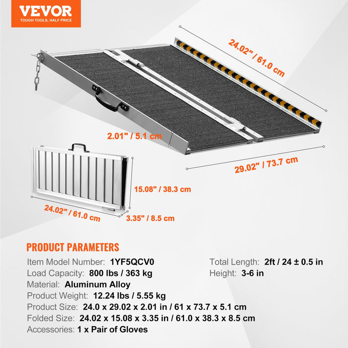 VEVOR Portable Wheelchair Ramp 2FT, Non-Slip Aluminum Folding Handicap Ramp, Door Threshold Ramps for Wheelchair for Home,Wheel Chair Ramp Steps, Cars, Scooter, Cart, Curbs, Stairs