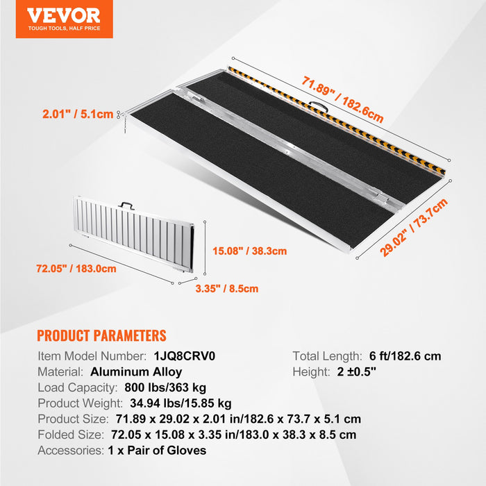 VEVOR Portable Wheelchair Ramp, 183 cm 363 kg Capacity, Non-Slip Aluminum Folding Threshold Ramp, Foldable Mobility Scooter Ramp Wheel Chair Ramp, Handicap Ramp for Home Steps, Stairs, Doorways, Curbs