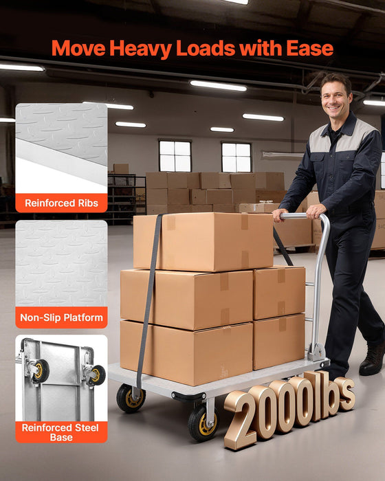 Platform Truck, 907.18 kg Capacity, Heavy Duty Steel Flatbed Cart with Swivel Wheels and Handle, Foldable Platform Hand Push Truck Dolly, for Groceries, Garage, Warehouse, 900 x 600 x 900 mm