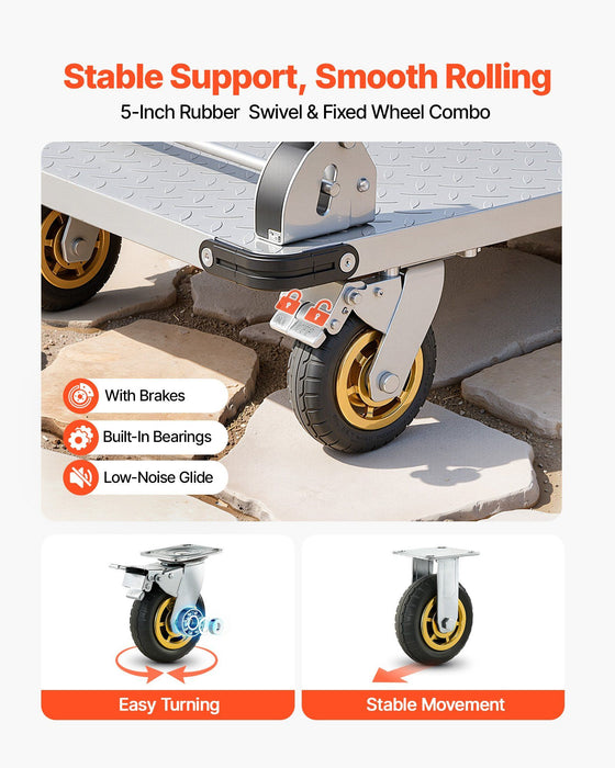 Platform Truck, 907.18 kg Capacity, Heavy Duty Steel Flatbed Cart with Swivel Wheels and Handle, Foldable Platform Hand Push Truck Dolly, for Groceries, Garage, Warehouse, 900 x 600 x 900 mm