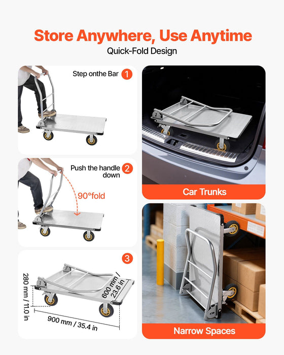 Platform Truck, 907.18 kg Capacity, Heavy Duty Steel Flatbed Cart with Swivel Wheels and Handle, Foldable Platform Hand Push Truck Dolly, for Groceries, Garage, Warehouse, 900 x 600 x 900 mm