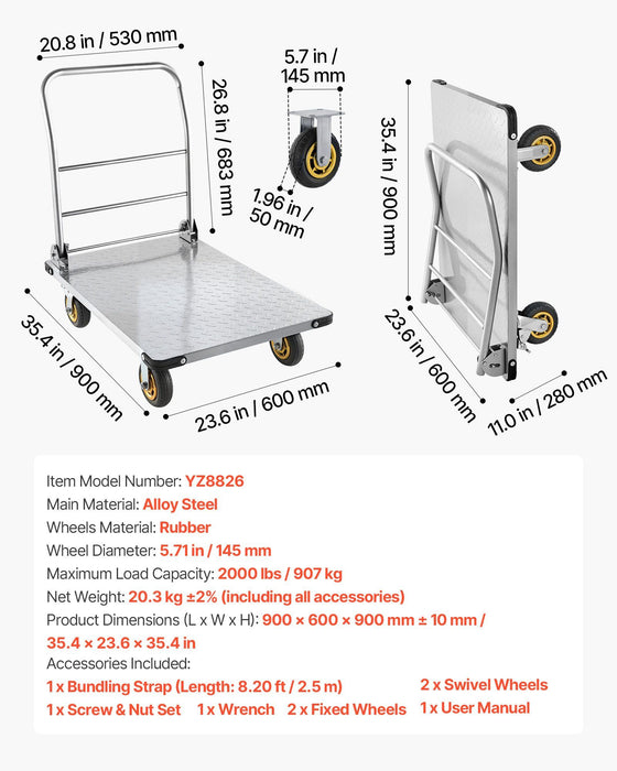 Platform Truck, 907.18 kg Capacity, Heavy Duty Steel Flatbed Cart with Swivel Wheels and Handle, Foldable Platform Hand Push Truck Dolly, for Groceries, Garage, Warehouse, 900 x 600 x 900 mm