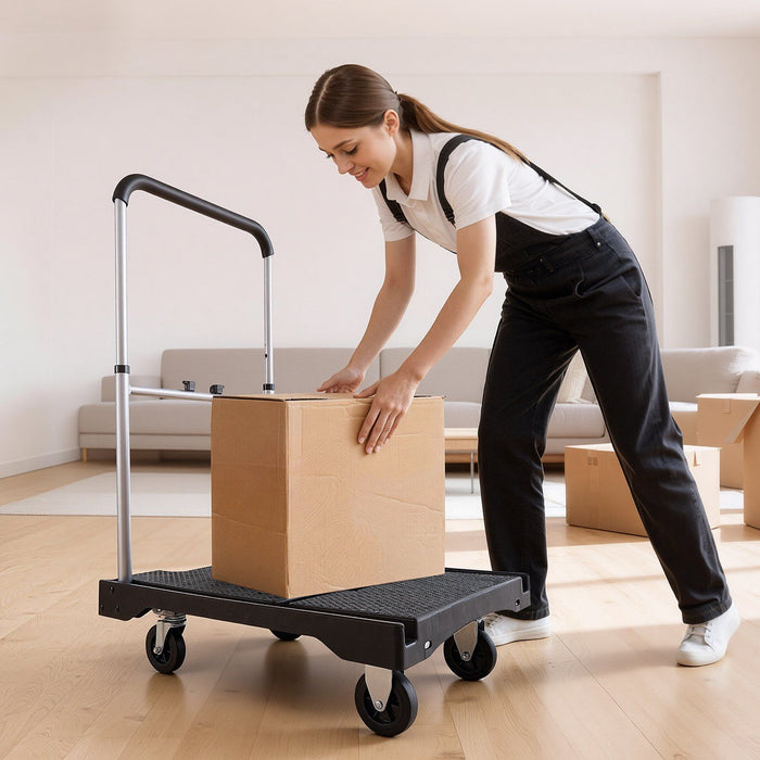 Foldable Push Cart Dolly, 149.69 kg Capacity, Folding Platform Truck with Swivel Wheels, Moving Platform Hand Truck Flatbed Cart, Adjustable Push Handle, for Easy Storage, 680 x 495 x 115 mm