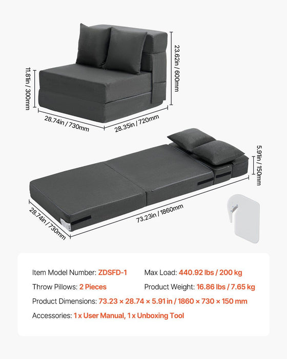 Folding Sofa Bed, 3-in-1 Foldable Couch Bed with 2 Pillows and Washable Cover, 25D High Density Memory Foam Convertible Sleeper Chair Bed, Futon Couch for Living Room, Bedroom, Dark Grey(Single)