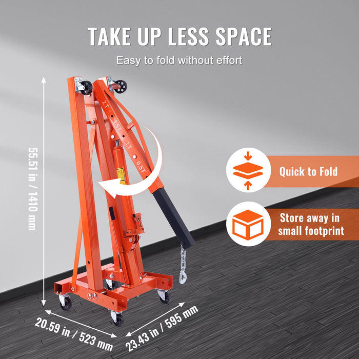 VEVOR Hydraulic Engine Hoist with Lever, 2000KG Heavy-duty Cherry Picker Shop Crane, Foldable Engine Crane and Engine Hoist leveler for Auto Repair, Motors, Weights Lifting, Loading