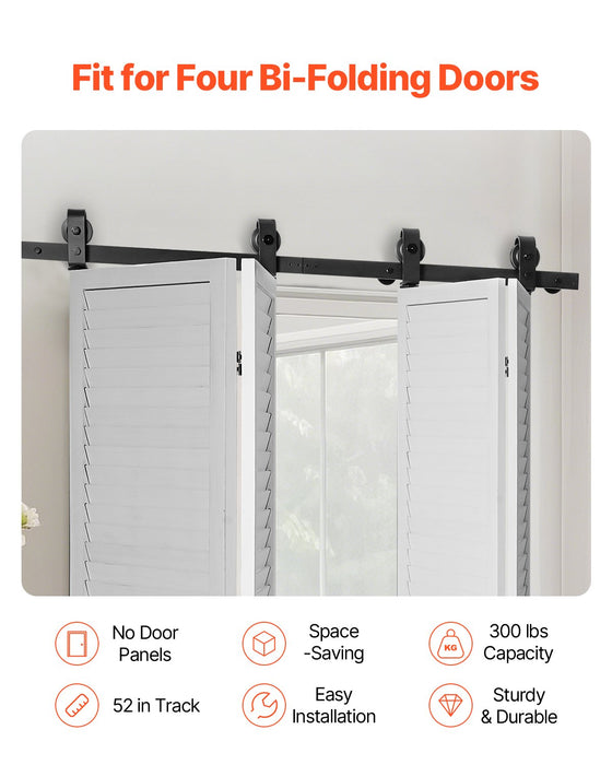 VEVOR Bi-Folding Sliding Barn Door Hardware Track Kit, 52" Top Mount Track Kit, Slide Smoothly & Quietly, Heavy Duty, Easy to Install, Suitable for Four 12" Closet Pantry Laundry Doors (Not Included)