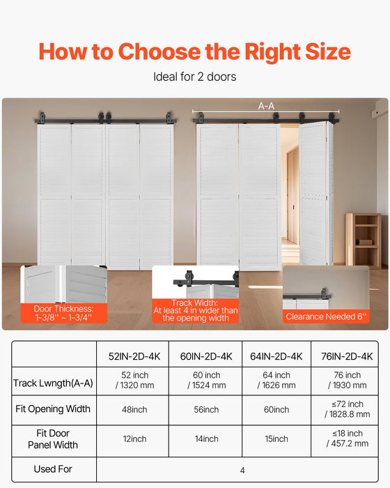 VEVOR Bi-Folding Sliding Barn Door Hardware Track Kit, 52" Top Mount Track Kit, Slide Smoothly & Quietly, Heavy Duty, Easy to Install, Suitable for Four 12" Closet Pantry Laundry Doors (Not Included)