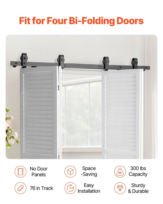 Bi-Folding Sliding Barn Door Hardware Track Kit, 76" Top Mount Track Kit, Slide Smoothly & Quietly, Heavy Duty, Easy to Install, Suitable for Four 18" Closet Pantry Laundry Doors (Not Included)