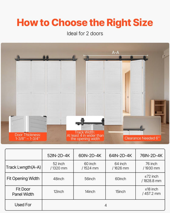 Bi-Folding Sliding Barn Door Hardware Track Kit, 76" Top Mount Track Kit, Slide Smoothly & Quietly, Heavy Duty, Easy to Install, Suitable for Four 18" Closet Pantry Laundry Doors (Not Included)