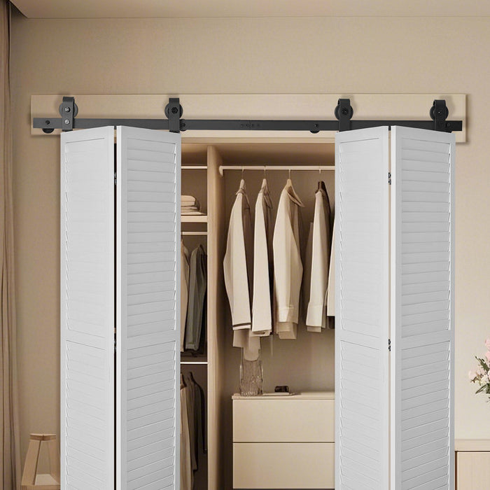 Bi-Folding Sliding Barn Door Hardware Track Kit, 76" Top Mount Track Kit, Slide Smoothly & Quietly, Heavy Duty, Easy to Install, Suitable for Four 18" Closet Pantry Laundry Doors (Not Included)
