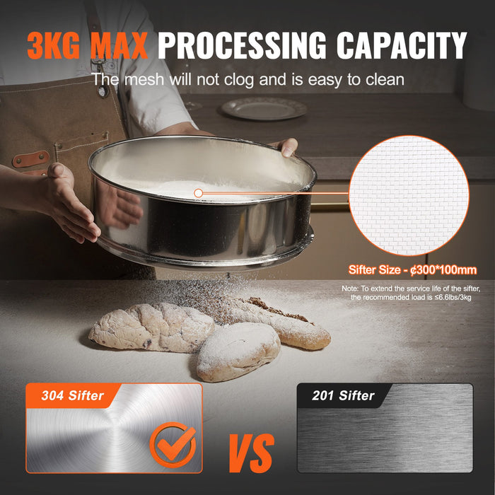 VEVOR Automatic Electric Vibrating Sieve, Stainless Steel Sifter Shaker Machine with 30+50 Mesh, 45W Automatic Powder Sifter Machine Countertop, Electric Sieve Shaker for Flour Powers, Mungbean, Rice